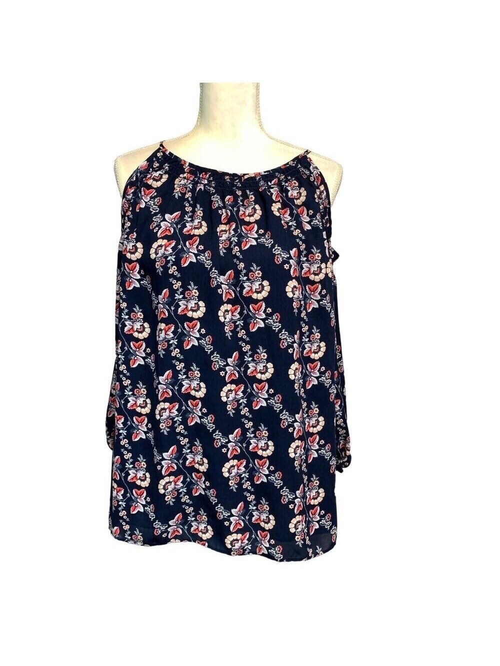 Max Studio Edit Navy Blue Floral Cold Shoulder Blouse Top M 7T01Y70
